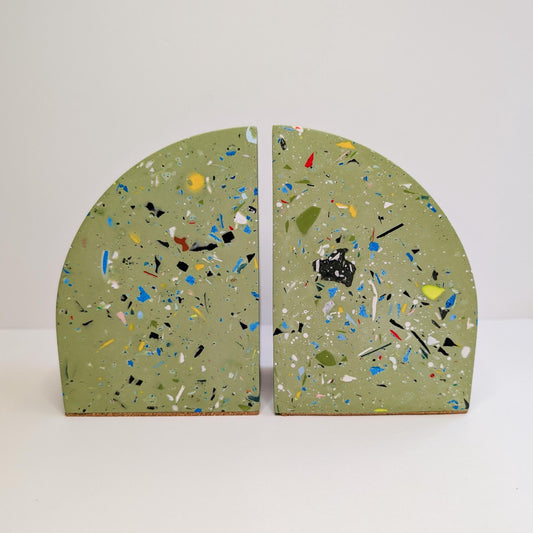 Green Terrazzo Curve Bookends, Modern Terrazzo Bookends, Colorful Bookshelf Decor, Heavy Cookbook Bookends