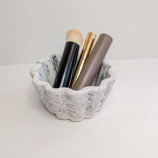 White Marbled Wavy Bowl, Scalloped Coffee Table Bowl, Wavy Decor Dish, Marbled Makeup Dish