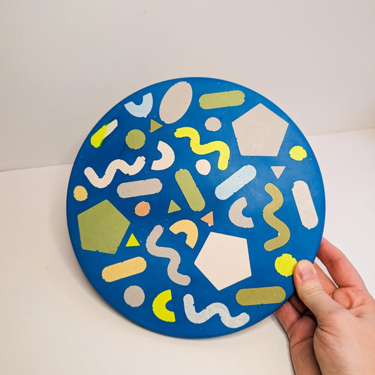 Blue Mosaic Round Tray, Maximalist Mosaic Centerpiece, Organic Shapes Trinket Tray, Pop of Neon